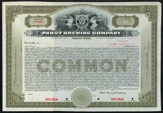 1910s Pabst Brewing Co Specimen Stock Certificate