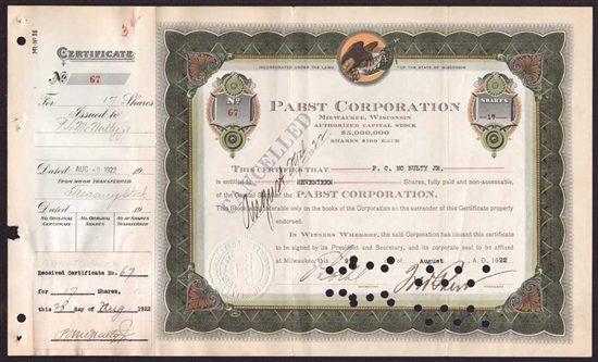1922 Pabst Corp Stock Certificate Signed by Fred Pabst Jr.