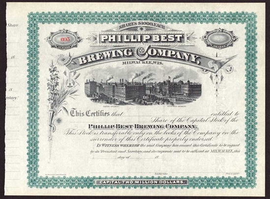 1880s Phillip Best Brewing Company Stock Certificate