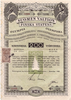 1938 Helsinki Olympics Bond Certificate