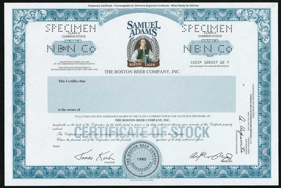 The Boston Beer Company, Inc. (Sam Adams) Specimen Stock Certificate