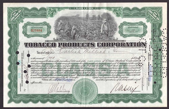 Tobacco Products Corporation Stock Certificate