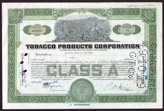Tobacco Products Corporation Stock Certificate
