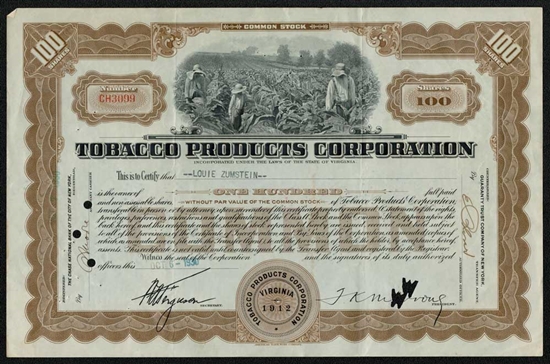 Tobacco Products Corporation Stock Certificate