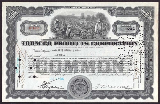 Tobacco Products Corporation Stock Certificate
