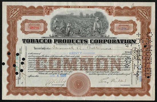 Tobacco Products Corporation Stock Certificate