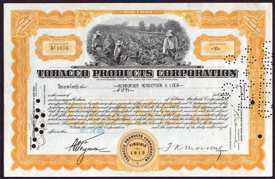 Tobacco Products Corp Stock Certificate - 1930 - Phillip Morris