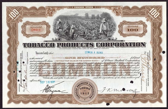 Tobacco Products Corp Stock Certificate - 1930 - Phillip Morris