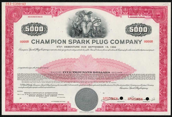 Champion Spark Plug Specimen Bond Certificate - 1967