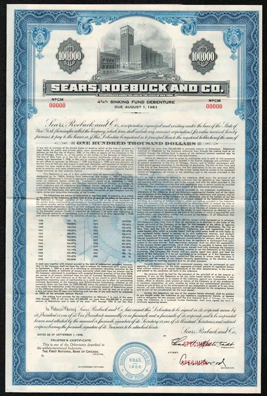 Sears, Roebuck and Co. $100,000 Specimen Bond Certificate