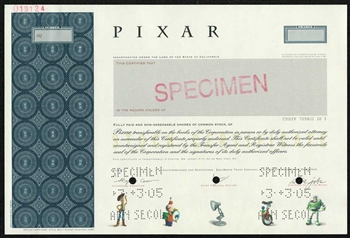 Pixar Specimen Stock Certificate - Steve Jobs - RARE