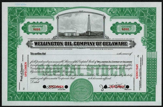 Wellington Oil Company of Delaware Specimen Stock Certificate