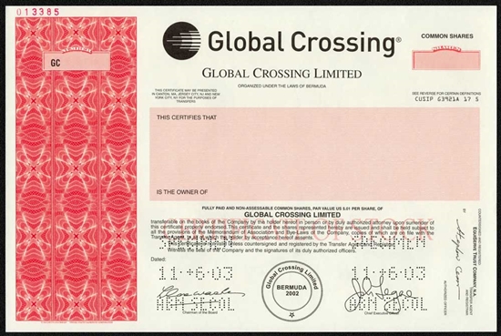 Global Crossing  Specimen Stock Certificate - Rare