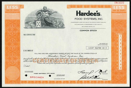 Hardee's Specimen Stock Certificate - Rare