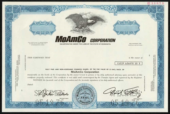 MoAmCo Specimen Stock Certificate - 1976