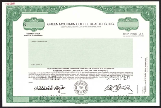 Green Mountain Coffee Roasters, Inc. Specimen Stock Certificate
