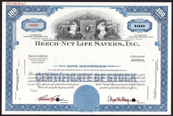 Beech-Nut Life Savers, Inc. Specimen Stock Certificate