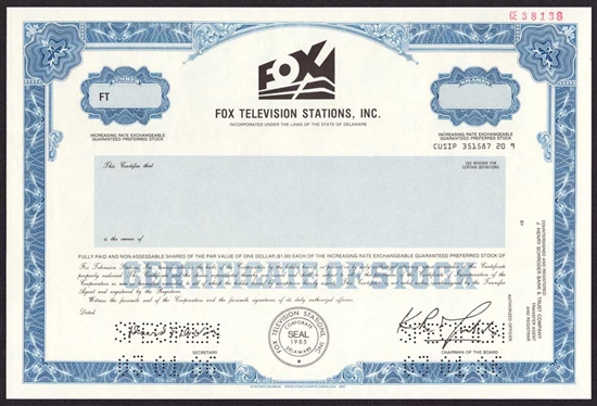 Fox Television Stations, Inc. Specimen Stock Certificate