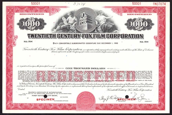 Twentieth Century Fox Film Corp $1000 Specimen Bond