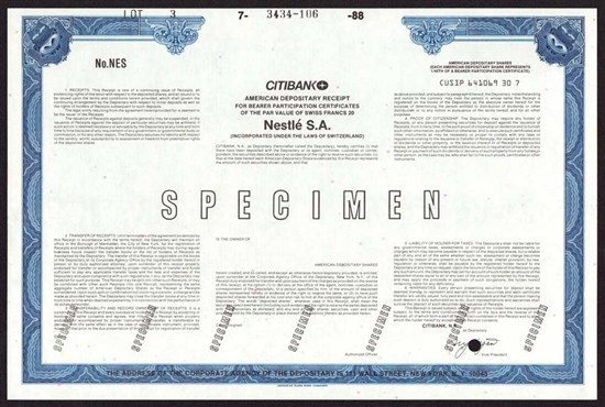 Nestle ADR Specimen Stock Certificate