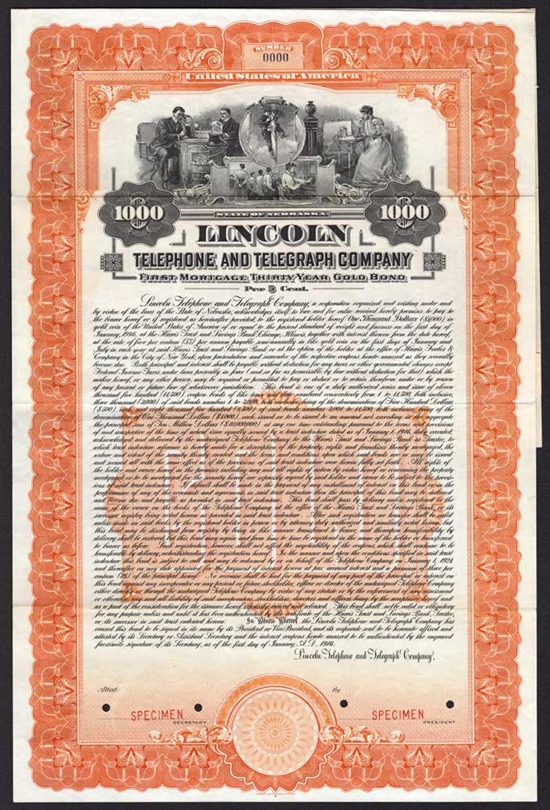 Lincoln Telephone and Telegraph Co $1000 Specimen Gold Bond