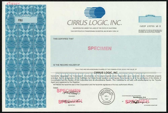 Cirrus Logic Specimen Stock Certificate