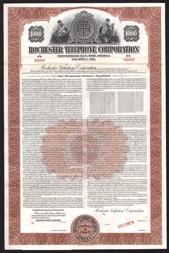 Rochester Telephone Corp $1000 Specimen Bond