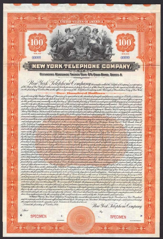 New York Telephone Company Specimen Gold Bond