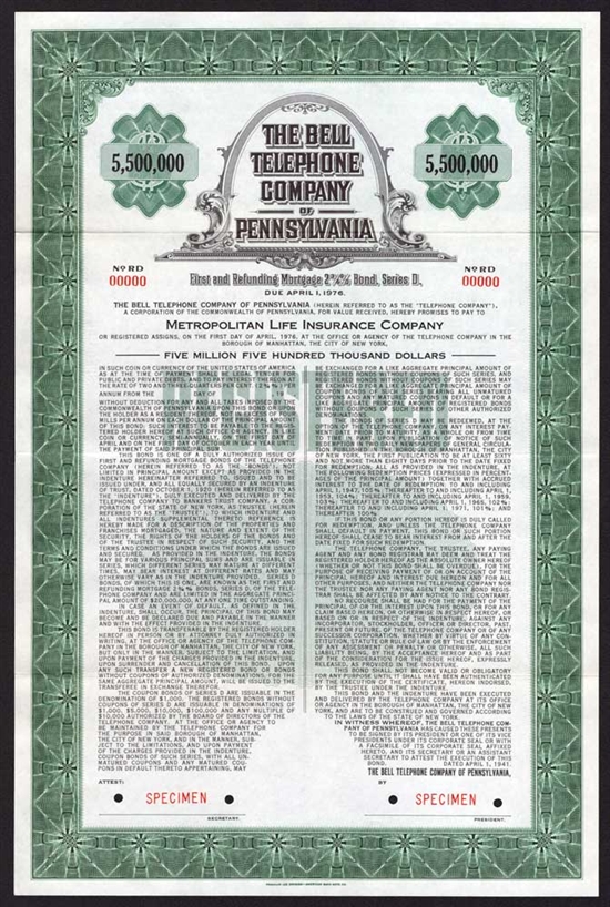 The Bell Telephone Company  of Pennsylvania Specimen Bond