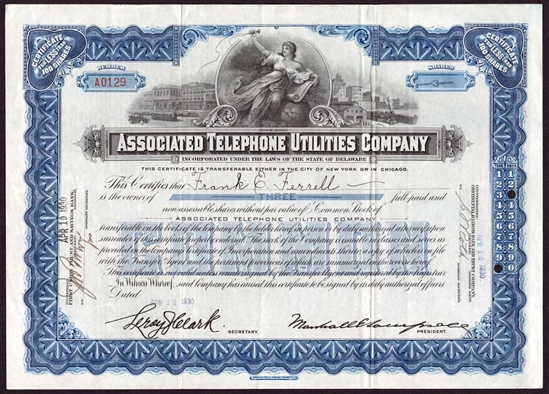 Associated Telephone Utilities Company Stock Certificate