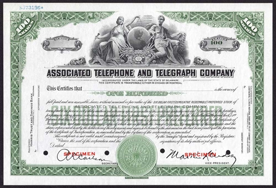 Associated Telephone and Telegraph Co Specimen Stock Certificate