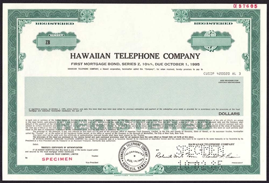Hawaiian Telephone Company Specimen Bond