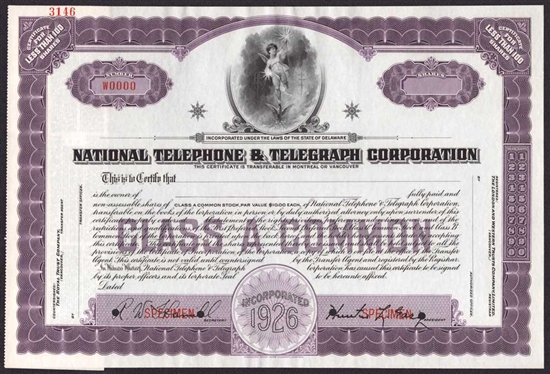 National Telephone & Telegraph Corp Specimen Stock Certificate