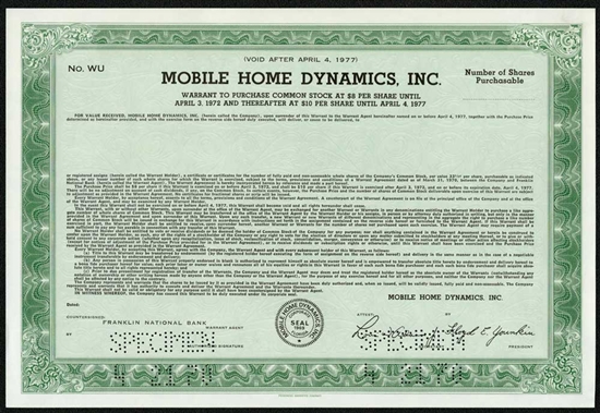 Mobile Home Dynamics Specimen Certificate - 1970