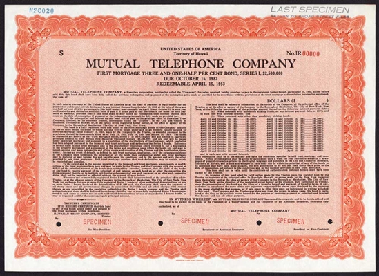 Mutual Telephone Company Specimen Bond - Territory of Hawaii