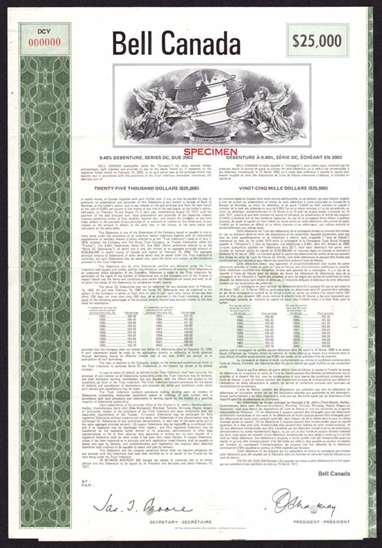 Bell Canada Specimen $25,000 Bond Certificate