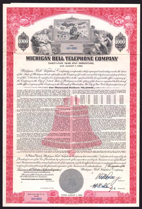 The Michigan Bell Telephone Company Specimen Bond
