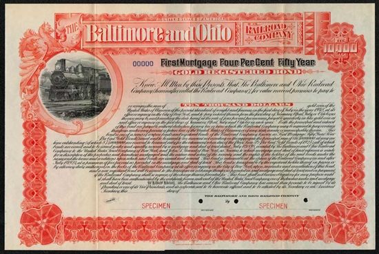 1898 Baltimore & Ohio Railroad $10,000 Gold Bond Certificate