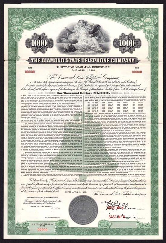 The Diamond State Telephone Company Specimen Bond