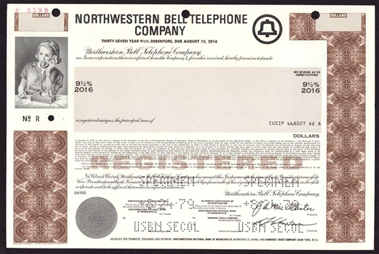 Northwestern Bell Telephone Company Specimen Bond