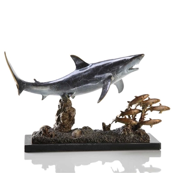 Shark with Prey Statue - Brass on Solid Marble Base