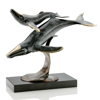 Whale Sculpture with Calf - Hot Patina Brass
