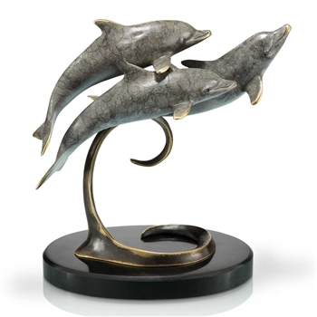 Triple Dolphins Sculpture on Marble - Hot Patina Brass