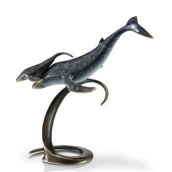 Pair Whale Sculpture with Calf - Hot Patina Brass