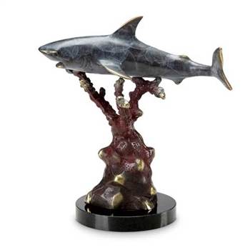 Silent Predator Shark Sculpture - Brass on Solid Marble Base