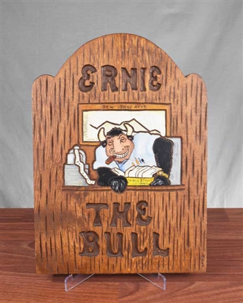 Vintage Ernie the Bull Wooden Stock Broker Sign