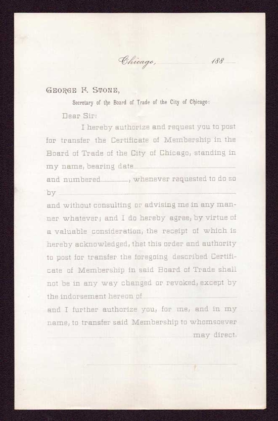 Sale of CBOT Membership Form | 1880s | Unissued
