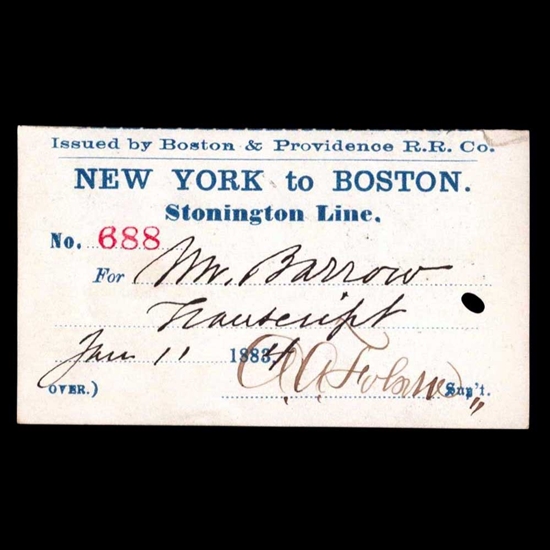 1884 Clarence W. Barron Train Ticket - Owner of Dow Jones, WSJ, and Barron's