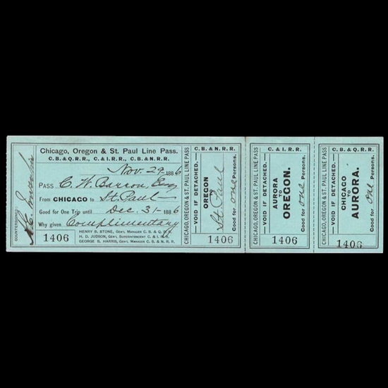 1886 Clarence W. Barron Train Ticket - Owner of Dow Jones, WSJ, and Barron's