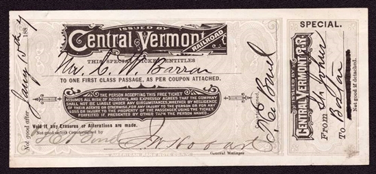 1887 Clarence W. Barron Train Ticket - Owner of Dow Jones, WSJ, and Barron's